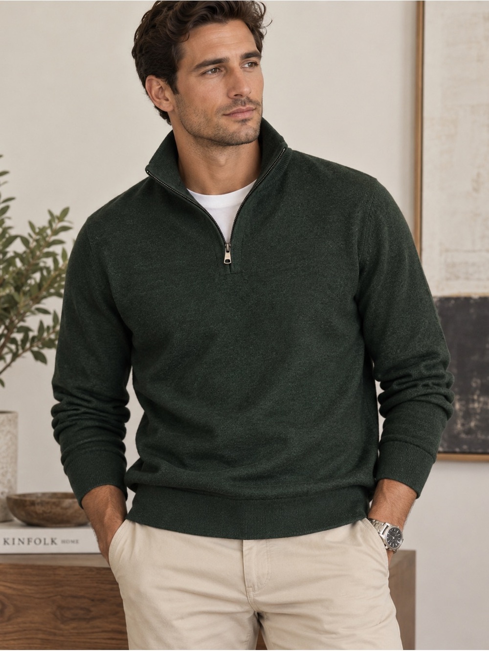 Banana Republic Men's Forest Green Half-Zip Sweater